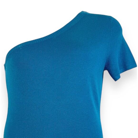 Asymmetric One Shoulder Sweater L Silk Cashmere Blend Blue Short Sleeve Y2k VTG - Picture 4 of 11